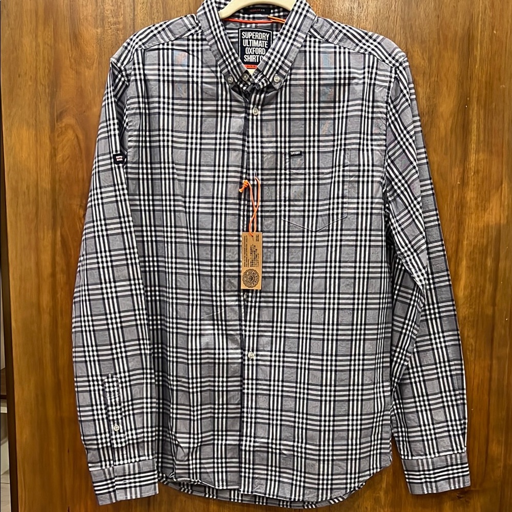 Superdry Men's Navy and White Plaid Button Down Shirt